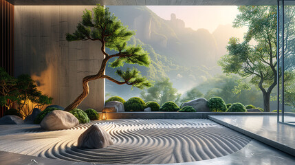 Zen Garden with Bonsai Tree and Mountain View