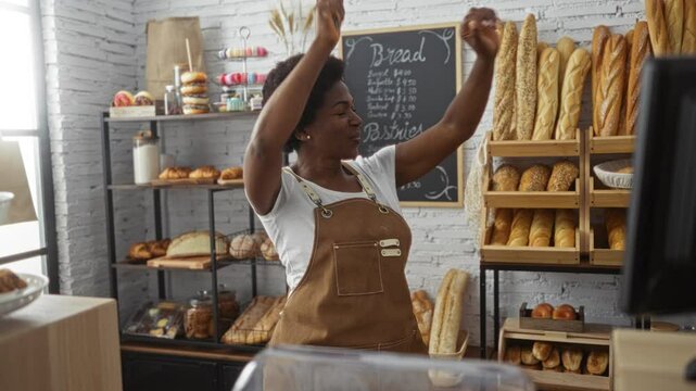 Woman dancing in bakery room with indoor setting showing happy african american female with curly hair in a shop full of bread loaves and pastries.