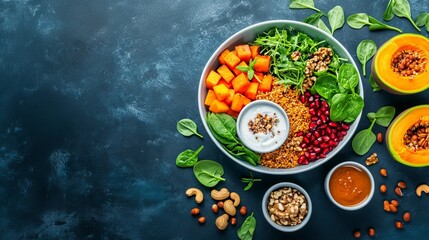 Un bol de ensalada colorida con trozos de calabaza, granada, espinacas y nueces, servido sobre una mesa oscura.
