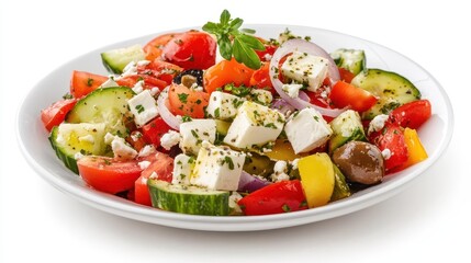 a delightful greek salad bursting with vibrant colors and fresh ingredients, artfully presented against a clean white background, celebrating healthy eating and culinary delight