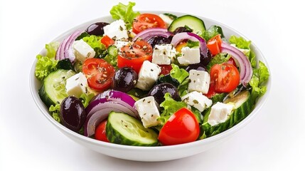 a delightful greek salad bursting with vibrant colors and fresh ingredients, artfully presented against a clean white background, celebrating healthy eating and culinary delight