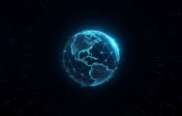 A glowing, digital globe surrounded by lines and dots on a black background.
