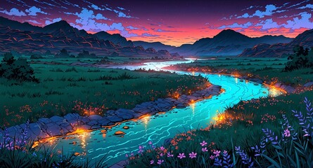 A quiet river winding through a valley, flanked by wildflowers and tall grasses