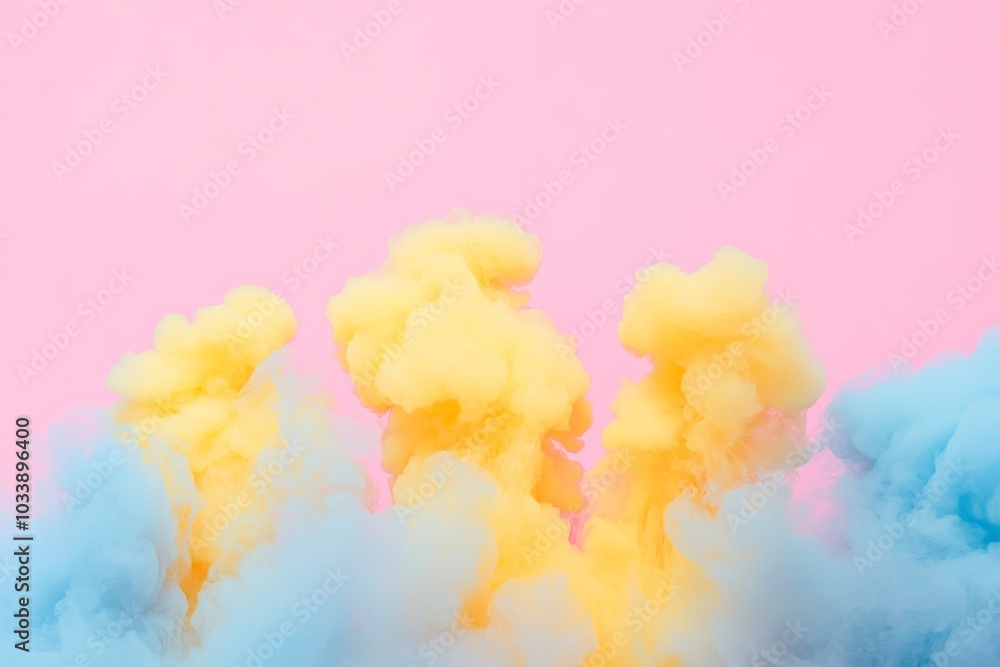 Leinwandbilder gentle blue and yellow smoke clouds rise softly in a pastel pink sky, creating a calming and harmoni