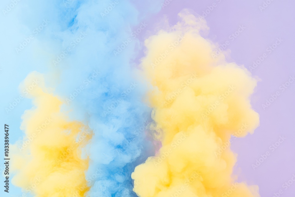 Poster gentle blue and yellow clouds seamlessly transitioning, creating a soothing artistic representation 