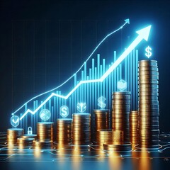 Visual Representation of Economic Growth Featuring Stacks of Coins, a Glowing Upward Arrow, and a Bar Chart on a Sleek Black Background, Illustrating Financial Progress and Positive Market Trends.
