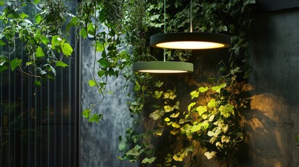 A soft-lit green pendant lamp hangs above vines, creating a calming effect through a fusion of design and nature.