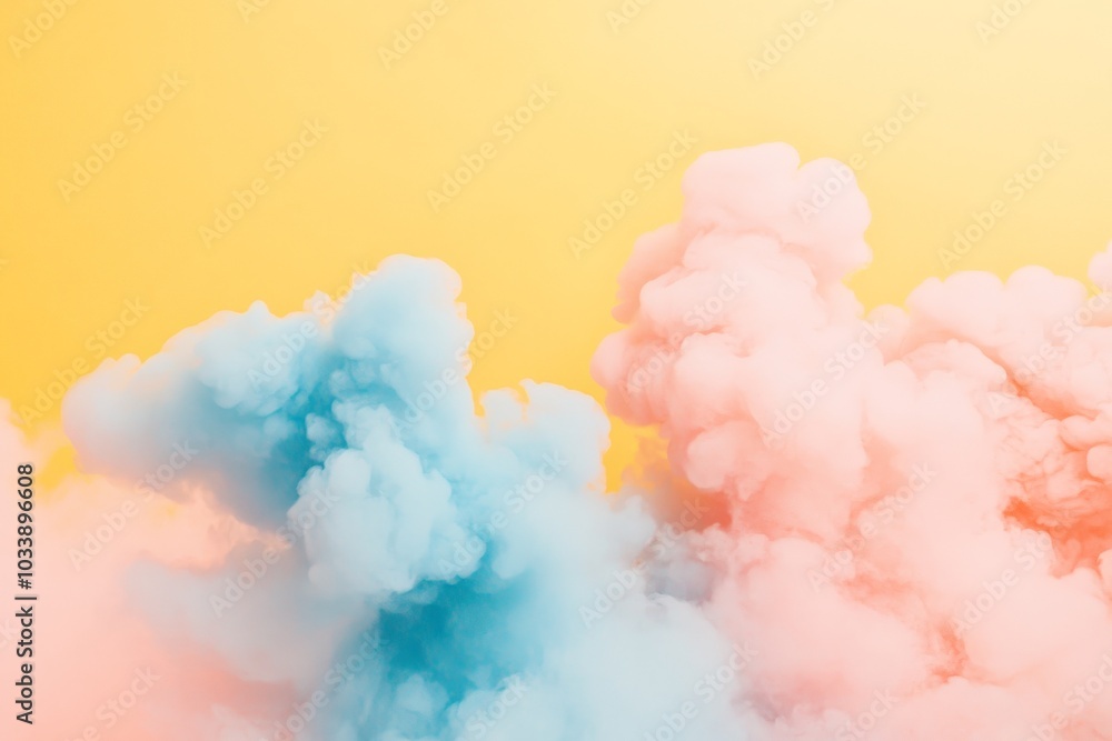 Poster colorful plumes of ethereal blue and pink smoke swirl captivatingly against a striking yellow backgr