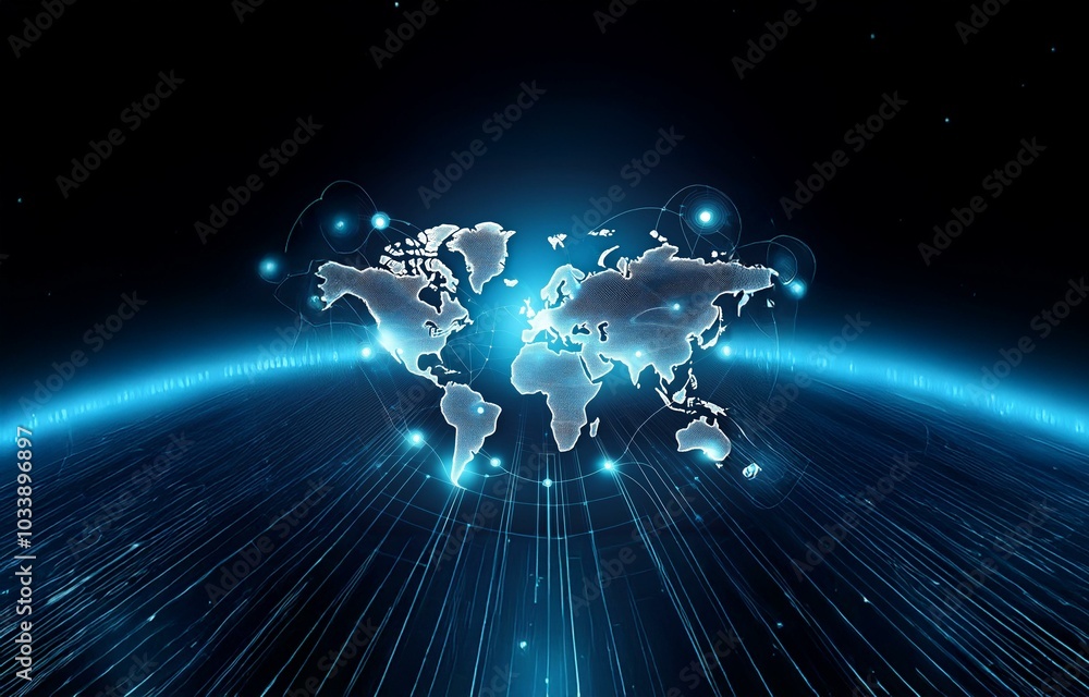 Poster a digital world map with glowing blue lines and points connecting different regions of the world.