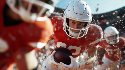 Exciting football action in bright orange uniforms during a sunny autumn afternoon at a packed stadium