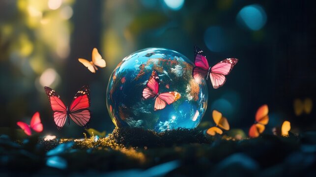 a globe encased in glass, surrounded by vibrant butterflies, symbolizing sustainable energy and environmental protection, with a focus on green practices
