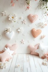 Cute Children’s Backdrop with Heart-Shaped Pillows and Flowers