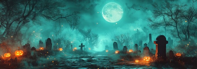 Obraz premium Halloween Background Featuring a Scary Graveyard with Teal Color and Moonlight, Pumpkin Lanterns in a Spooky Forest.