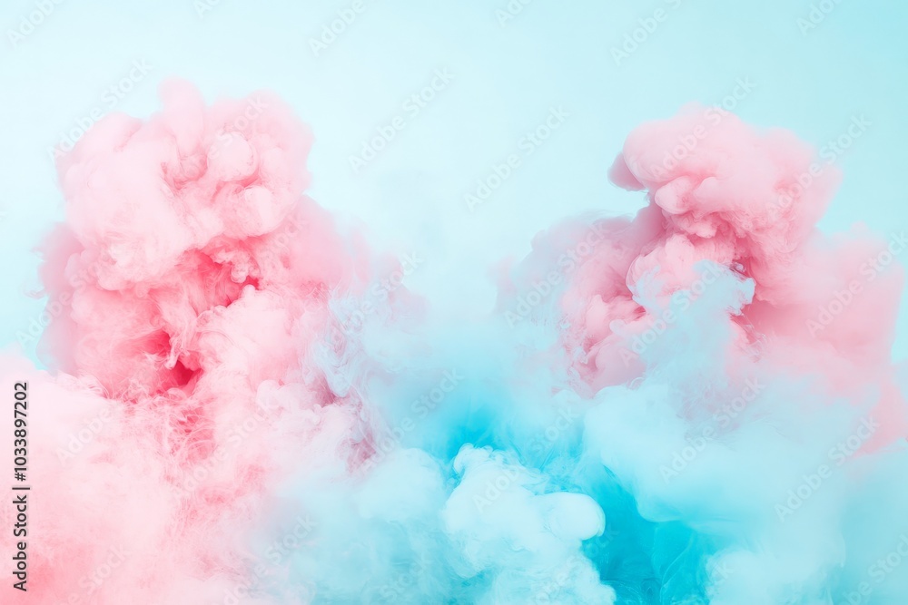 Poster Magnificent pink and cyan clouds form an elegant and intricate pattern, blending softly to create a visual depiction of tranquility and artistic beauty.