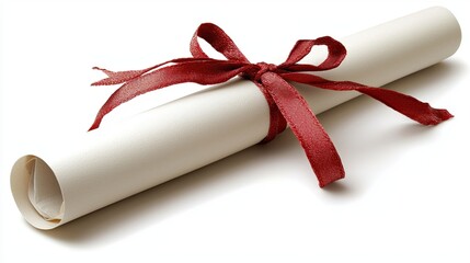 Rolled parchment tied with a red ribbon on a white background .