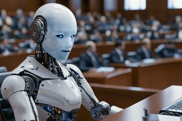 An AI robot judge presiding over a high-stakes trial, the courtroom filled with holographic evidence and virtual assistants, as the robot delivers a neutral, data-driven verdict under bright