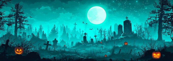 Obraz premium Halloween Background Featuring a Scary Graveyard with Teal Color and Moonlight, Pumpkin Lanterns in a Spooky Forest.