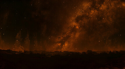 A dark night sky with a swirling cloud of stars and a silhouette of trees in the foreground.