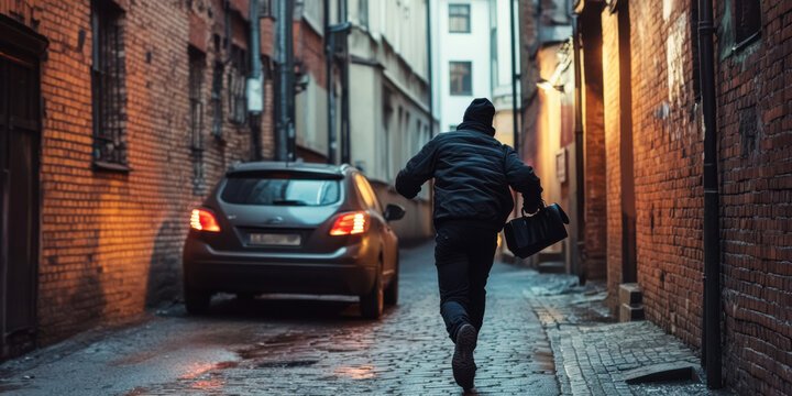 A robber making a getaway after snatching a purse from a pedestrian in an alley