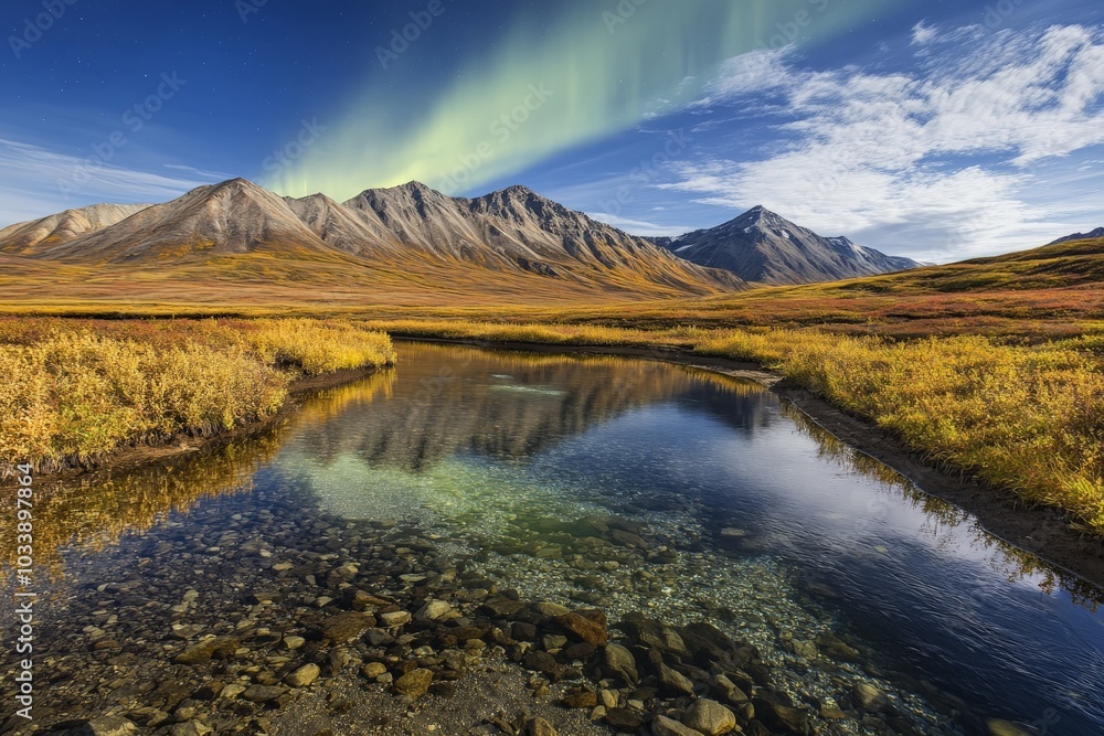 Poster a captivating autumn landscape with vibrant aurora lights illuminating mountains and gently rolling 