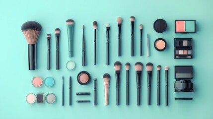 knolling collection of make-up supplies on a pastel gradient background