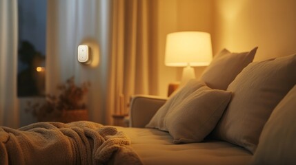 A wall lamp connected to a smart plug, casting warm light in a cozy home setting with soft furniture and blankets.