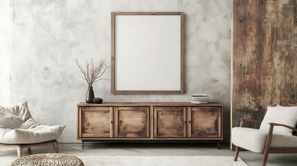 a rustic wooden cabinet adorned with a blank poster frame against a textured concrete wall, creating a modern yet cozy living room atmosphere. the scene invites customization and personal expression
