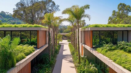 Modern Walkway Between Houses Surrounded by Greenery