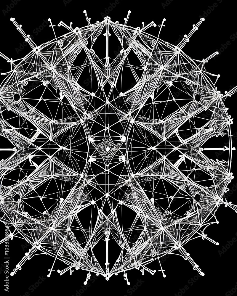 Poster abstract polygonal sphere with connected lines and dots on black background