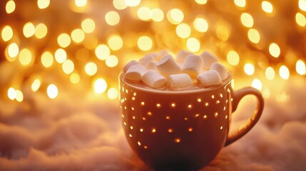 a steaming mug of hot cocoa topped with fluffy marshmallows against a backdrop of twinkling christmas lights, evoking warmth and holiday cheer