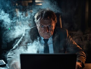 An exhausted businessman in a dim office, staring blankly at a computer screen, cigarette smoke swirling, colors inspired by classic detective films with a smoky atmosphere