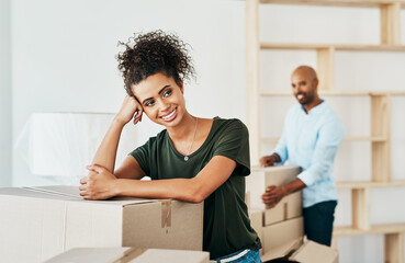 Boxes, smile and moving with couple in new home for real estate, investment and property purchase. Mortgage, opportunity and renting with people in living room of house for future and relocation