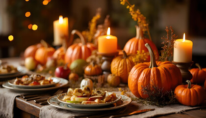 Naklejka premium An autumn harvest table is beautifully arranged with vibrant pumpkins, shiny red apples, and colorful corn. This festive display captures the essence of the season, showcasing nature's bounty in a rus