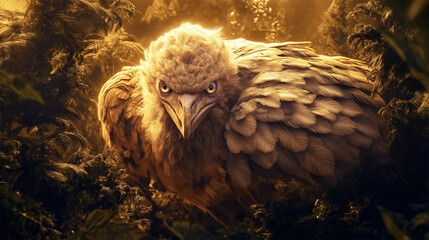 Towering moa, giant extinct bird species in dense forest, prehistoric wildlife scene
