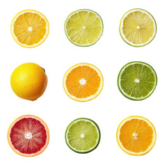 Obraz premium Vibrant Set of Citrus Fruits: Oranges, Lemons, and Limes - Fresh and Zesty Delight for Your Designs