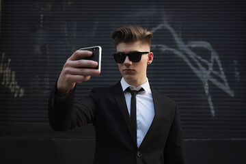 A handsome man striking a confident pose in a high-fashion editorial shoot, wearing a tailored suit with sharp lines, against a dramatic backdrop with soft lighting that accentuates his features.