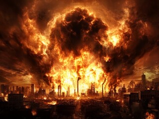 An explosion in an industrial plant, with fireballs and black smoke billowing into the sky, the surrounding area filled with debris and chaos