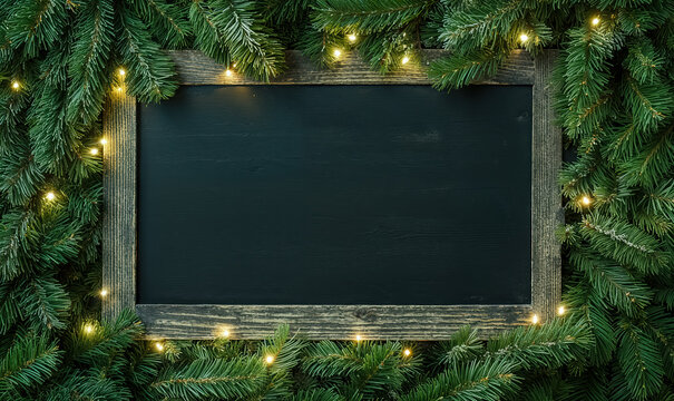 Ardoise vierge placée au milieu de branches de sapins avec guirlande électrique pour message de Noël