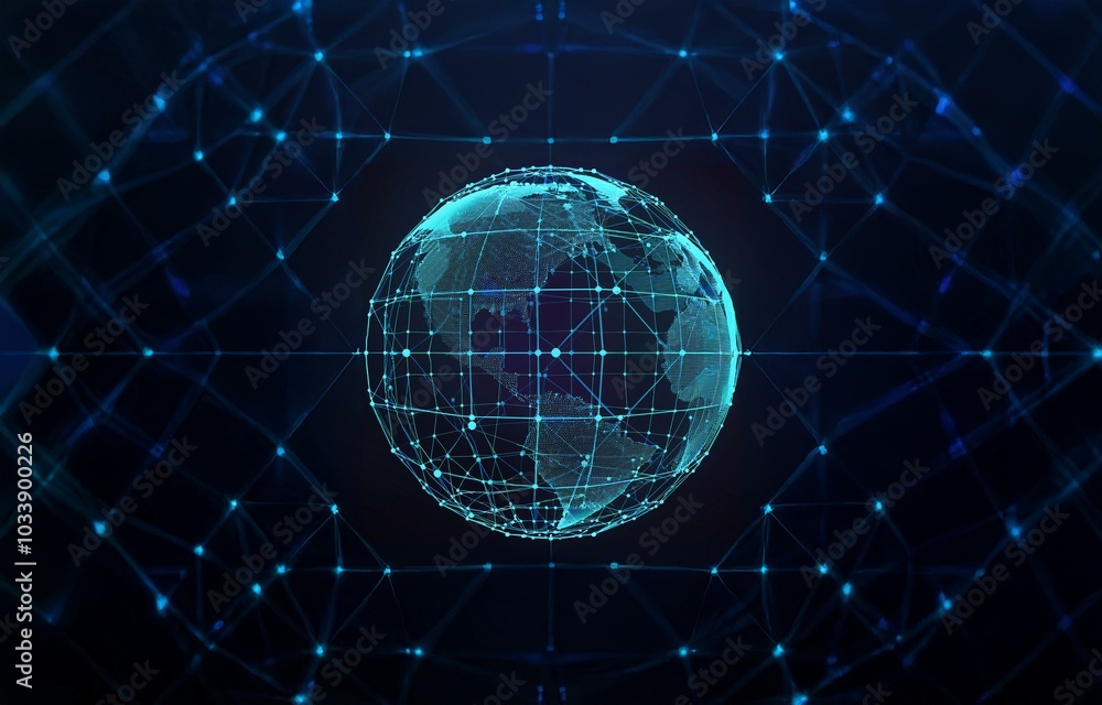 Poster A glowing blue sphere surrounded by a network of interconnected lines and dots on a dark background.