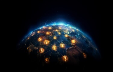 A glowing earth with city lights and interconnected dollar signs.