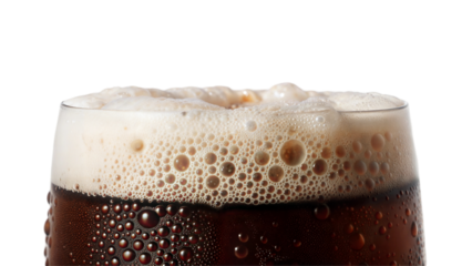 Close-up of dark beer in glass with foam on top, isolated on transparent or white background.