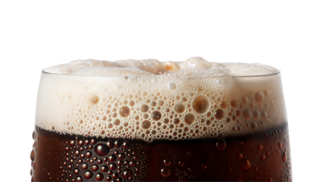 Close-up of dark beer in glass with foam on top, isolated on transparent or white background.