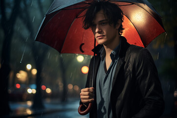 A Korean man in a dark coat, tears streaming down his face as he stands in a downpour, city lights blurred in the background, capturing a moment of deep sorrow