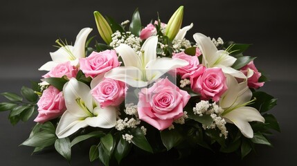 Fototapeta premium A bouquet of pink roses and white lilies, symbolizing love, purity, and admiration, perfect for anniversaries or special celebrations