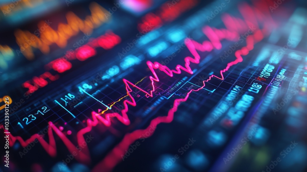 Poster a dynamic display of stock market trends features candlestick charts indicating price changes and tr