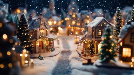 a winter christmas village sparkles with lights as snow gently falls, creating a magical atmosphere with decorated houses and tree-lined streets in a festive scene
