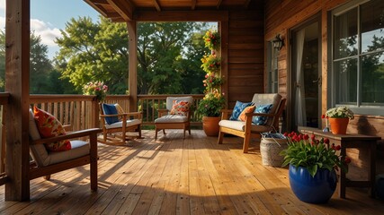 Tranquil Morning on a Flower-Filled Wooden Porch