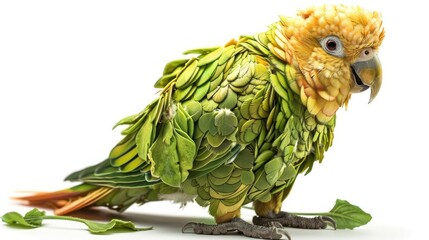 Obraz premium Vibrant and colorful green and yellow parrot perching on a lush green branch in a tropical jungle or forest setting The exotic bird has a distinctive beak and bright plumage