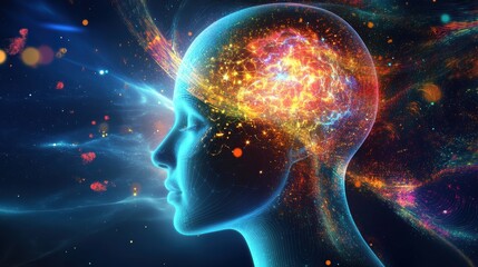 Obraz premium Profile of a woman surrounded by vibrant, swirling light patterns, symbolizing creativity, imagination, and abstract futuristic concepts. 