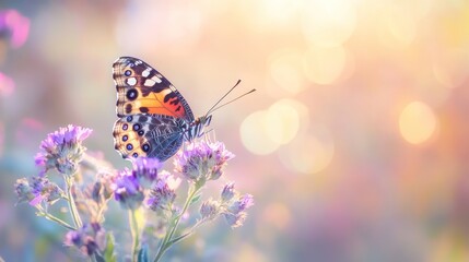 Butterfly on Purple Flowers with a Soft Sunset